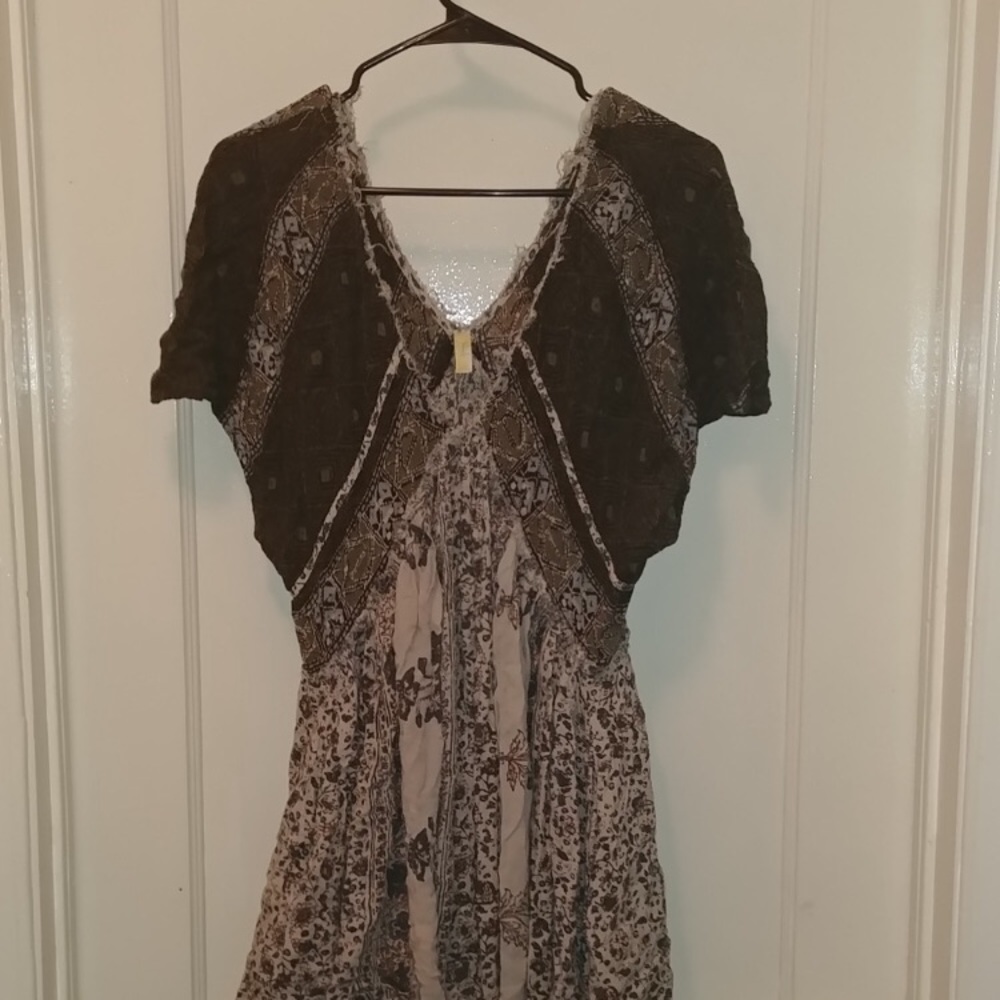 Free People printed V neck flowy swing mini dress